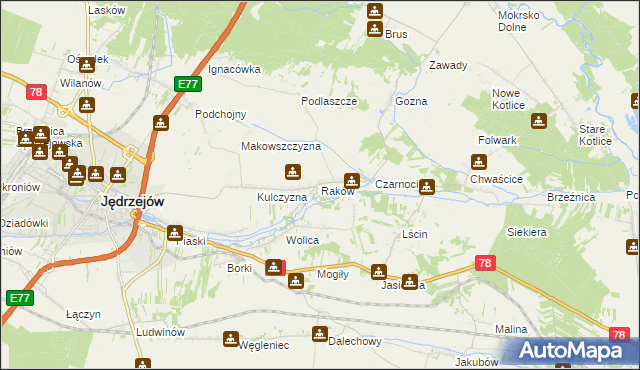 mapa Raków gmina Jędrzejów, Raków gmina Jędrzejów na mapie Targeo