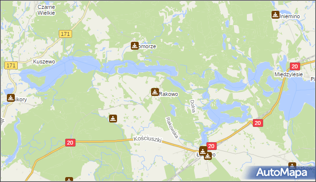 mapa Rakowo gmina Borne Sulinowo, Rakowo gmina Borne Sulinowo na mapie Targeo