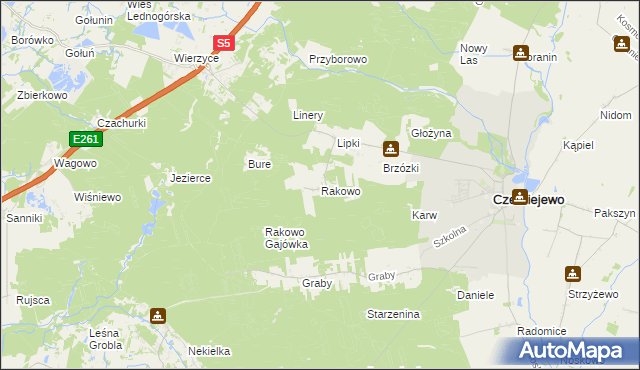 mapa Rakowo gmina Czerniejewo, Rakowo gmina Czerniejewo na mapie Targeo