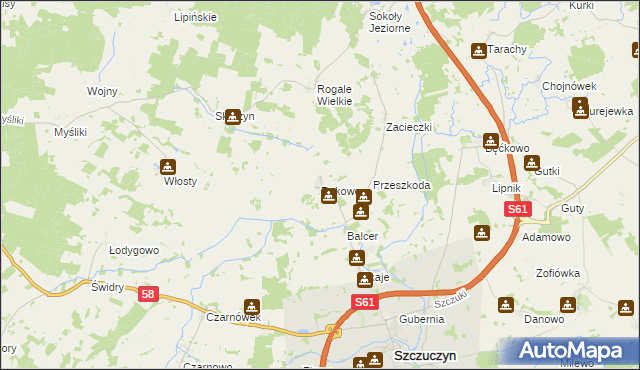 mapa Rakowo gmina Szczuczyn, Rakowo gmina Szczuczyn na mapie Targeo