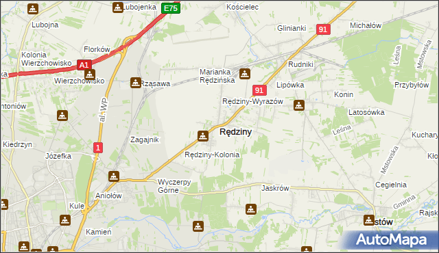 mapa Rędziny powiat częstochowski, Rędziny powiat częstochowski na mapie Targeo