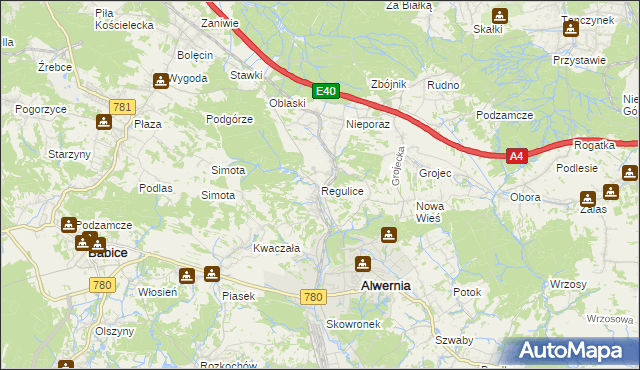 mapa Regulice gmina Alwernia, Regulice gmina Alwernia na mapie Targeo
