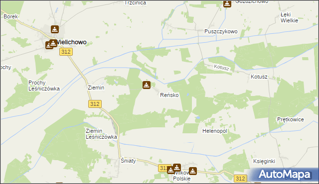 mapa Reńsko gmina Wielichowo, Reńsko gmina Wielichowo na mapie Targeo