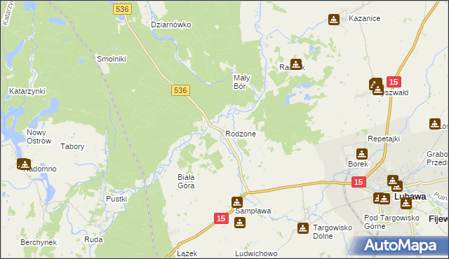 mapa Rodzone gmina Lubawa, Rodzone gmina Lubawa na mapie Targeo