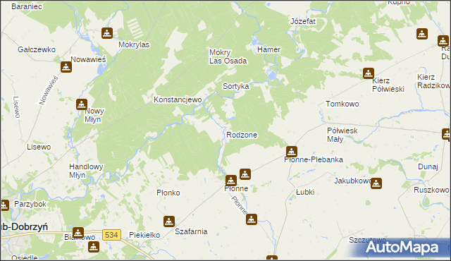 mapa Rodzone gmina Radomin, Rodzone gmina Radomin na mapie Targeo