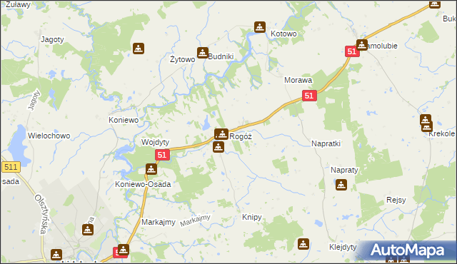 mapa Rogóż gmina Lidzbark Warmiński, Rogóż gmina Lidzbark Warmiński na mapie Targeo