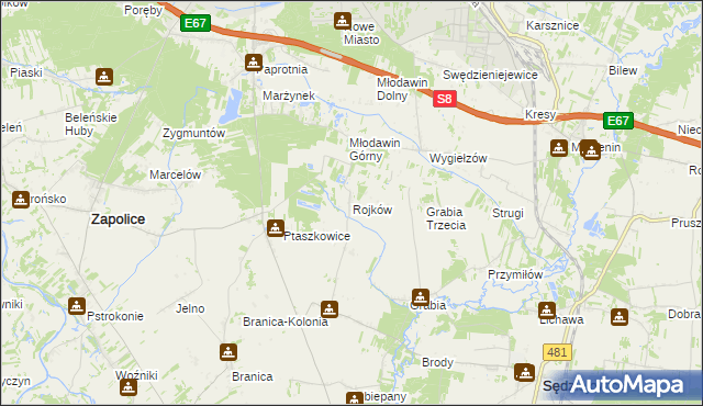 mapa Rojków gmina Zapolice, Rojków gmina Zapolice na mapie Targeo