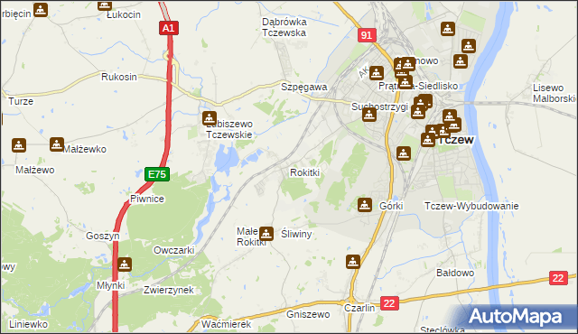 mapa Rokitki gmina Tczew, Rokitki gmina Tczew na mapie Targeo