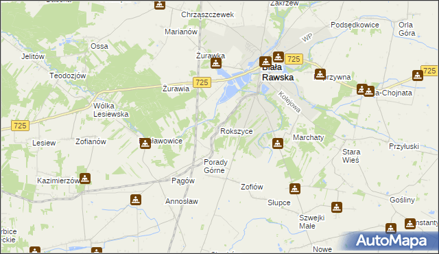 mapa Rokszyce gmina Biała Rawska, Rokszyce gmina Biała Rawska na mapie Targeo