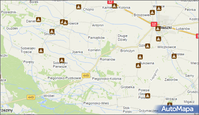 mapa Romanów gmina Błaszki, Romanów gmina Błaszki na mapie Targeo