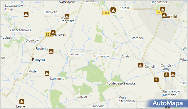 mapa Romanów gmina Pacyna, Romanów gmina Pacyna na mapie Targeo