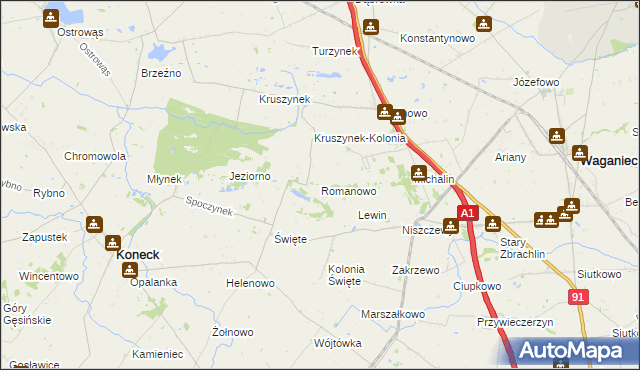 mapa Romanowo gmina Koneck, Romanowo gmina Koneck na mapie Targeo