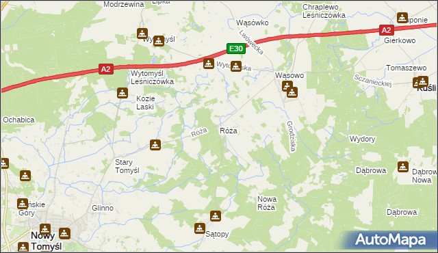 mapa Róża gmina Nowy Tomyśl, Róża gmina Nowy Tomyśl na mapie Targeo