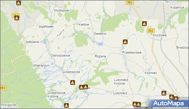 mapa Różana gmina Stoszowice, Różana gmina Stoszowice na mapie Targeo