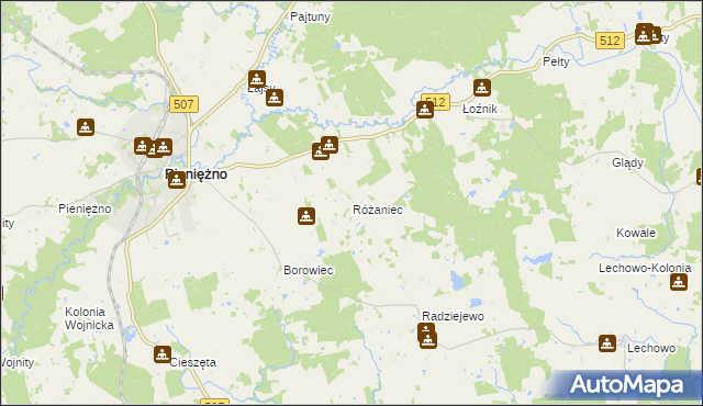 mapa Różaniec gmina Pieniężno, Różaniec gmina Pieniężno na mapie Targeo