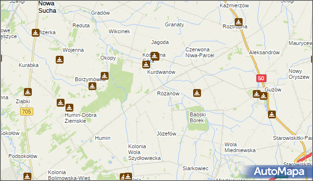 mapa Różanów gmina Wiskitki, Różanów gmina Wiskitki na mapie Targeo