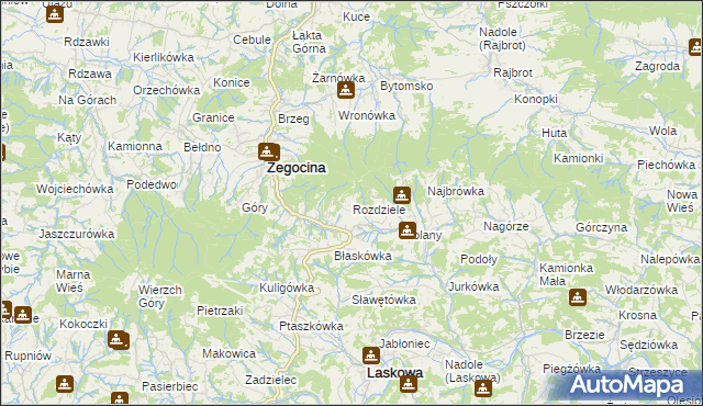 mapa Rozdziele gmina Żegocina, Rozdziele gmina Żegocina na mapie Targeo
