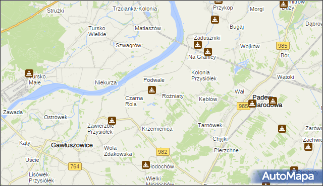 mapa Rożniaty gmina Padew Narodowa, Rożniaty gmina Padew Narodowa na mapie Targeo