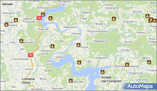 mapa Rożnów gmina Gródek nad Dunajcem, Rożnów gmina Gródek nad Dunajcem na mapie Targeo