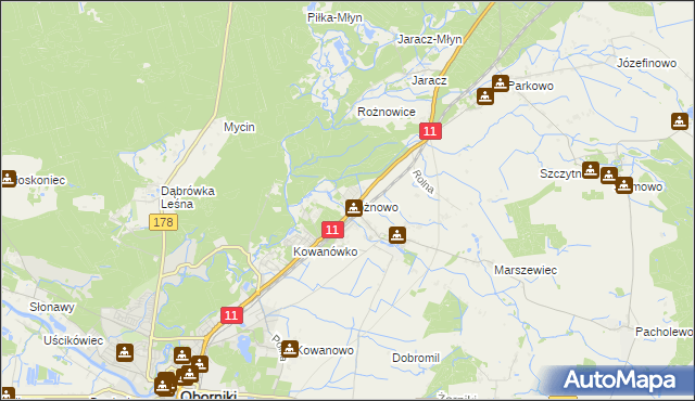 mapa Rożnowo gmina Oborniki, Rożnowo gmina Oborniki na mapie Targeo