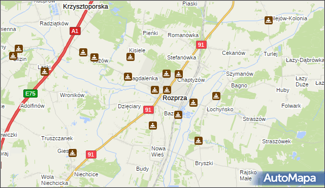 mapa Rozprza powiat piotrkowski, Rozprza powiat piotrkowski na mapie Targeo