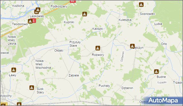 mapa Rozwory gmina Rzekuń, Rozwory gmina Rzekuń na mapie Targeo