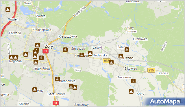 mapa Rudziczka gmina Suszec, Rudziczka gmina Suszec na mapie Targeo