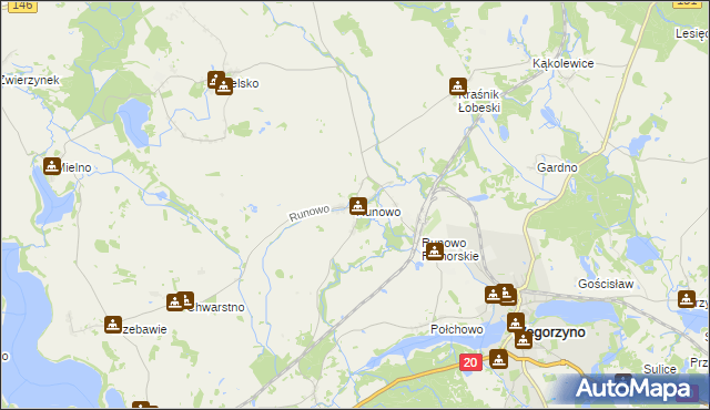 mapa Runowo gmina Węgorzyno, Runowo gmina Węgorzyno na mapie Targeo