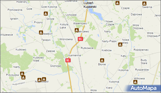 mapa Rutkowice gmina Lubień Kujawski, Rutkowice gmina Lubień Kujawski na mapie Targeo