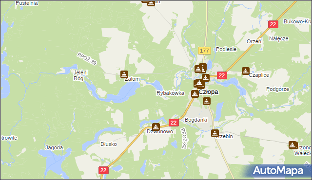 mapa Rybakówka gmina Człopa, Rybakówka gmina Człopa na mapie Targeo