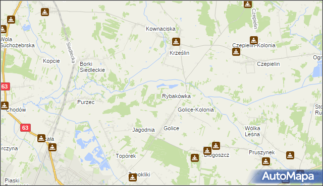 mapa Rybakówka gmina Siedlce, Rybakówka gmina Siedlce na mapie Targeo