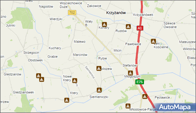 mapa Rybie gmina Krzyżanów, Rybie gmina Krzyżanów na mapie Targeo