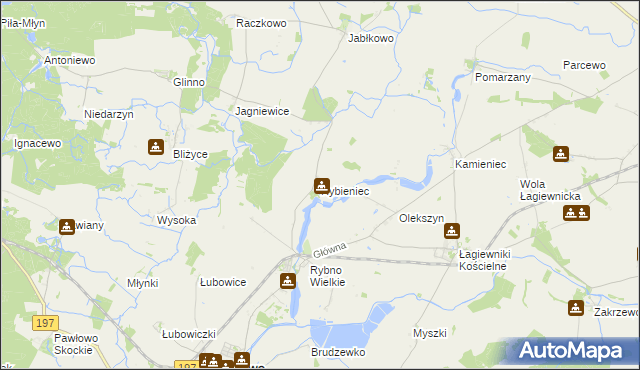 mapa Rybieniec gmina Kiszkowo, Rybieniec gmina Kiszkowo na mapie Targeo