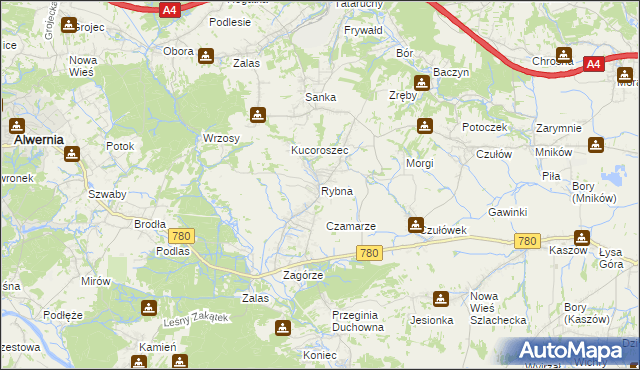 mapa Rybna gmina Czernichów, Rybna gmina Czernichów na mapie Targeo