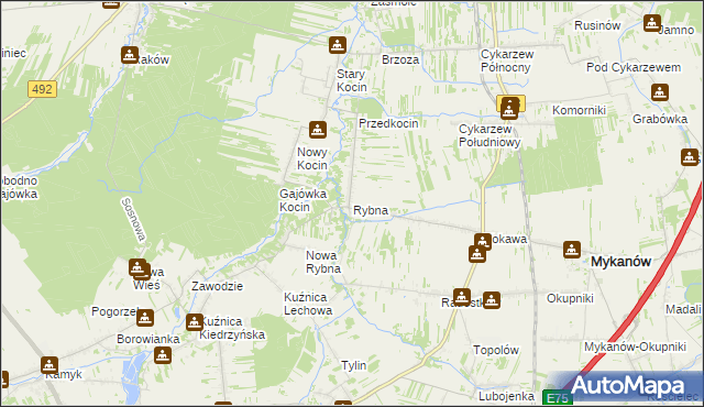 mapa Rybna gmina Mykanów, Rybna gmina Mykanów na mapie Targeo