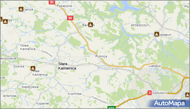 mapa Rybnica gmina Stara Kamienica, Rybnica gmina Stara Kamienica na mapie Targeo