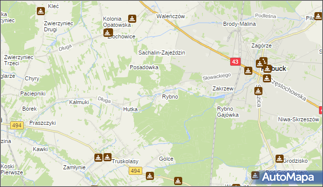 mapa Rybno gmina Kłobuck, Rybno gmina Kłobuck na mapie Targeo