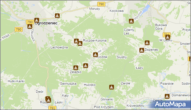 mapa Ryczów gmina Ogrodzieniec, Ryczów gmina Ogrodzieniec na mapie Targeo