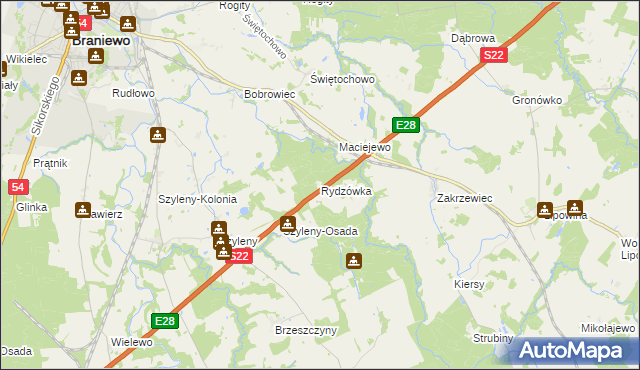 mapa Rydzówka gmina Braniewo, Rydzówka gmina Braniewo na mapie Targeo