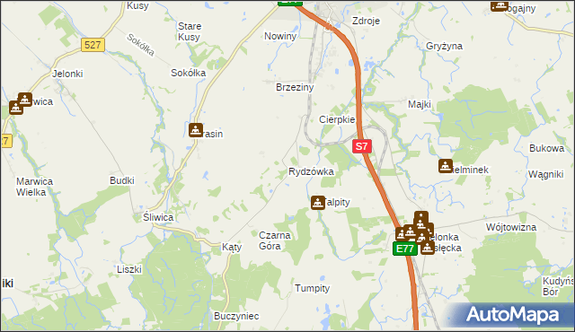 mapa Rydzówka gmina Pasłęk, Rydzówka gmina Pasłęk na mapie Targeo