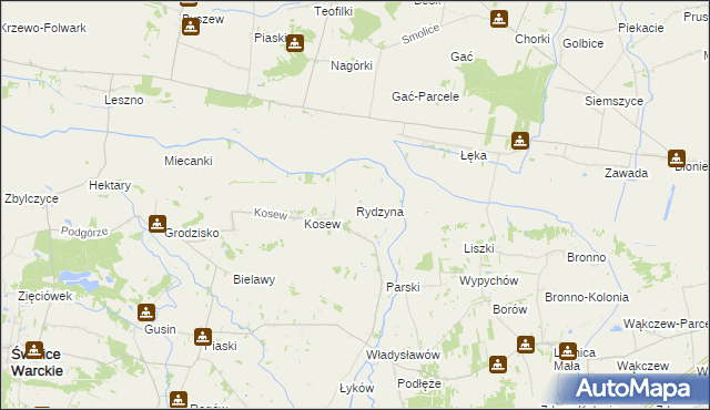 mapa Rydzyna gmina Świnice Warckie, Rydzyna gmina Świnice Warckie na mapie Targeo