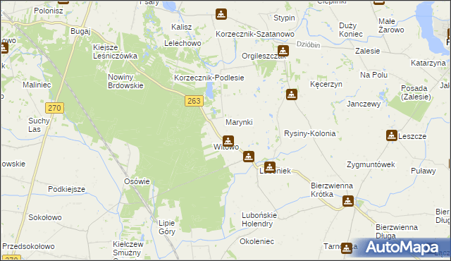 mapa Rysiny gmina Kłodawa, Rysiny gmina Kłodawa na mapie Targeo