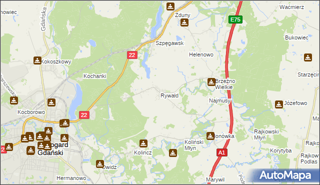 mapa Rywałd gmina Starogard Gdański, Rywałd gmina Starogard Gdański na mapie Targeo