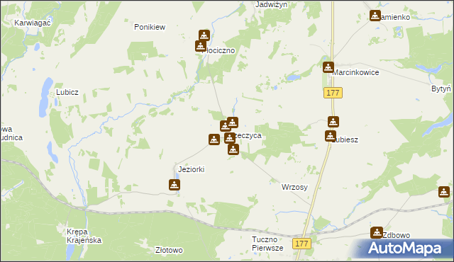 mapa Rzeczyca gmina Tuczno, Rzeczyca gmina Tuczno na mapie Targeo