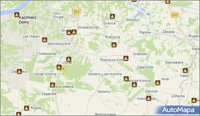 mapa Rzeczyca-Kolonia gmina Kazimierz Dolny, Rzeczyca-Kolonia gmina Kazimierz Dolny na mapie Targeo