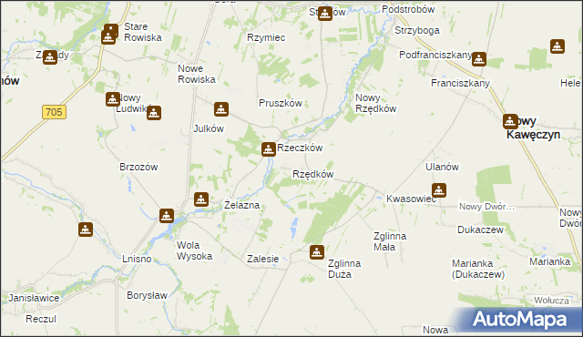 mapa Rzędków gmina Nowy Kawęczyn, Rzędków gmina Nowy Kawęczyn na mapie Targeo