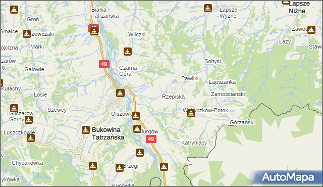 mapa Rzepiska gmina Bukowina Tatrzańska, Rzepiska gmina Bukowina Tatrzańska na mapie Targeo