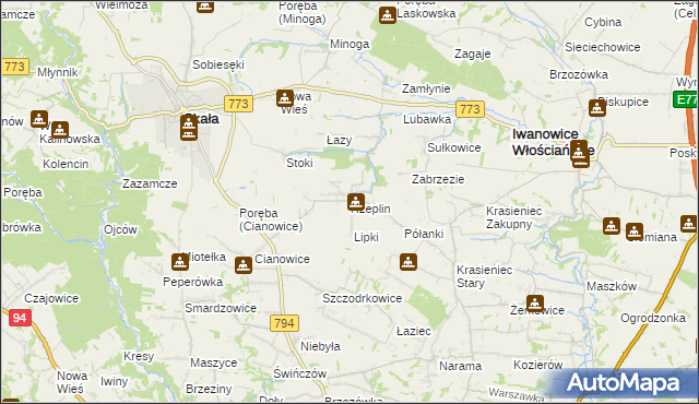 mapa Rzeplin gmina Skała, Rzeplin gmina Skała na mapie Targeo