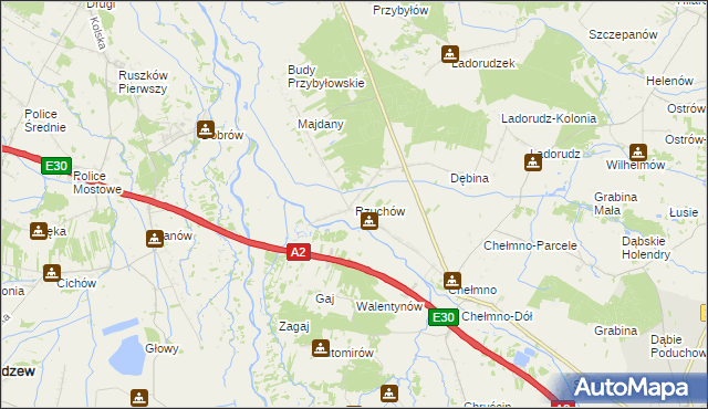 mapa Rzuchów gmina Dąbie, Rzuchów gmina Dąbie na mapie Targeo