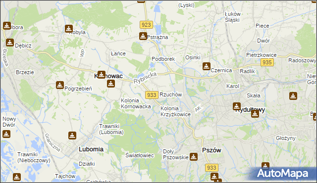 mapa Rzuchów gmina Kornowac, Rzuchów gmina Kornowac na mapie Targeo